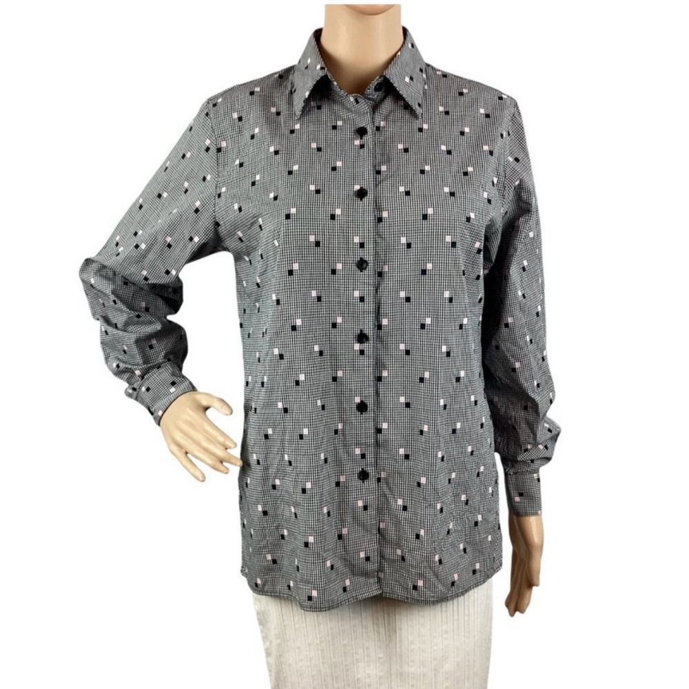 Foxcroft Top Size 4 Black Plaid Button Front Long Sleeve Cotton Blend